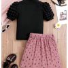 Girl's 2 Pieces Outfits Heart Print Puff Short Sleeve T Shirt and A Line Skirts Sets