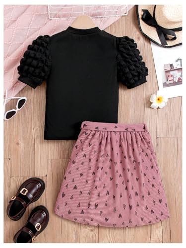 Girl's 2 Pieces Outfits Heart Print Puff Short Sleeve T Shirt and A Line Skirts Sets