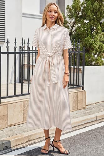 Womens Wear to Work Teacher Business Casual Outfits Long Dresses Tie Waist Shirt Dress Attire with Pockets