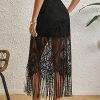 Women's Boho Solid Fringe Hem Lace See through High Waisted Casual Overlay Long Skirt
