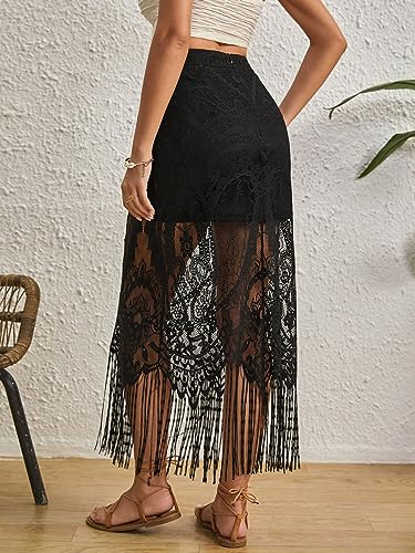 Women's Boho Solid Fringe Hem Lace See through High Waisted Casual Overlay Long Skirt