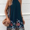 Women's Floral Embroidery Dress Halter Sleeveless A Line Flare Boho Dresses