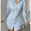 Women's Striped Button Down Drawstring Side Dress Long Sleeve Collared Smocked Shirt Dresses