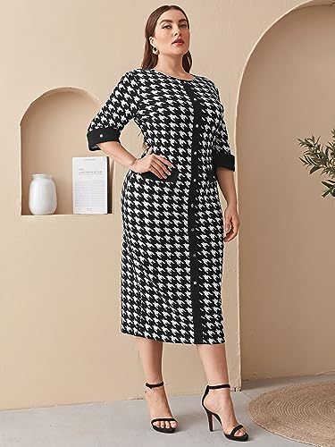 Women's Plus Size Houndstooth Button Front Round Neck Split Hem Bodycon Dress