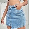 51NhH5Hs5sL.jpg Women's Raw Trim Bodycon Denim Skirt Asymmetrical High Waisted Ripped Mini Jean Skirt with Pocket