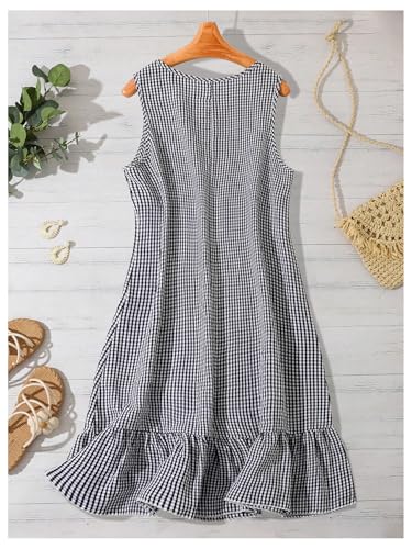Women's Plus Size Plaid Ruffle Knee Length Dress 3D Floral A Line Tank Dresses