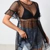 Women's Polka Dots Sheer Mesh Mini Dress Short Sleeve Ruffle Hem Flared Dresses