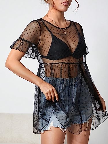 Women's Polka Dots Sheer Mesh Mini Dress Short Sleeve Ruffle Hem Flared Dresses