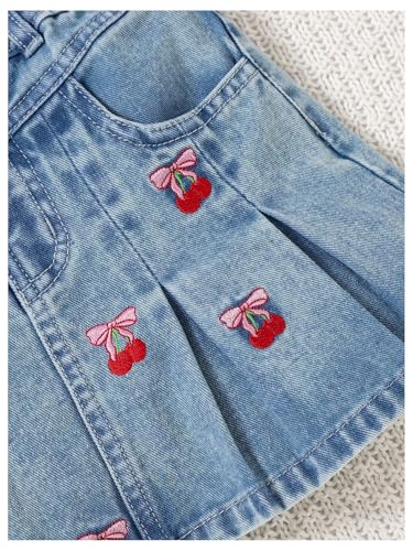 Toddler Girl's Cute Cherry Embroidery Pleated Denim Skirt Elastic Waist Short Jean Skirts