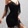 Women's Fringe Trim Cold Shoulder Short Sleeve Bodycon Party Flapper Mini Dress