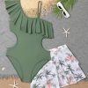 51PS8f7oA4L.jpg Girl's 2 Piece Swimsuit Asymmetrical Ruffle One Piece with Tropical Print Cover Up Skirt
