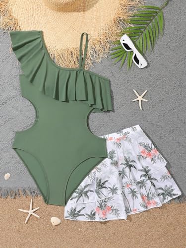 51PS8f7oA4L.jpg Girl's 2 Piece Swimsuit Asymmetrical Ruffle One Piece with Tropical Print Cover Up Skirt