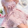 Women's Floral Print Square Neck Bow Front Puff Short Sleeve Ruffle Hem A Line Dress