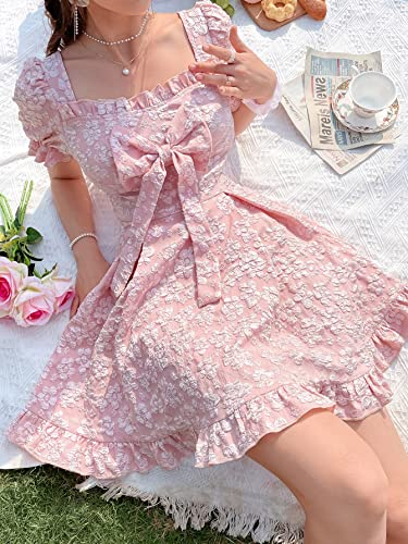 Women's Floral Print Square Neck Bow Front Puff Short Sleeve Ruffle Hem A Line Dress