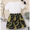 51Pg7FPlWhL.jpg Girl's 2 Piece Outfits Letter Graphic Print Short Sleeve T-Shirt and Camo Print Cargo Skirt Set