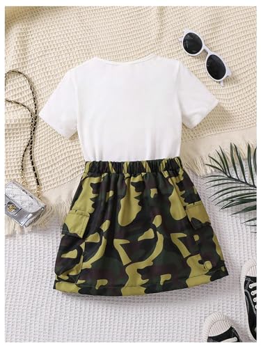 51Pg7FPlWhL.jpg Girl's 2 Piece Outfits Letter Graphic Print Short Sleeve T-Shirt and Camo Print Cargo Skirt Set