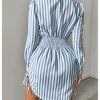 Women's Striped Button Down Drawstring Side Dress Long Sleeve Collared Smocked Shirt Dresses