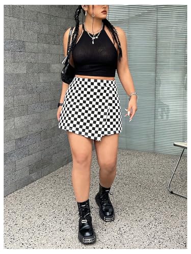 51QbgrSMOUL.jpg Women's Plus Size Plaid Checkered Skorts Elastic Waist Wrap Asymmetrical Skirt Shorts