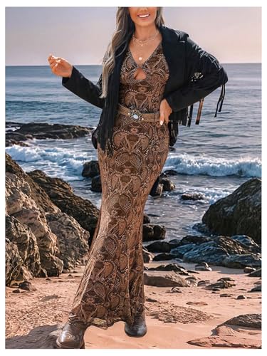 Women's Paisley Print Cut Out Fishtail Maxi Dress Long Sleeve V Neck Western Bodycon Dresses