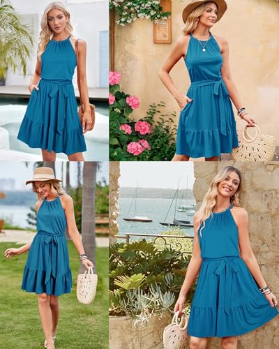 51QxrnTCKL.jpg Womens 2025 Summer Dress Halter Wedding Guest Casual Beach Vacation Outfits Belted Sundresses with Pockets
