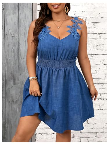 Women's Plus Size Lace Appliques A Line Short Sundress Smocked V Neck Sleeveless Tank Dress