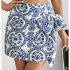 Women's Allover Print Knot Side High Waist Wrap Skirt Zipper Back Boho Mini Skirt