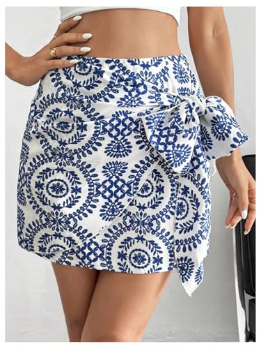 Women's Allover Print Knot Side High Waist Wrap Skirt Zipper Back Boho Mini Skirt