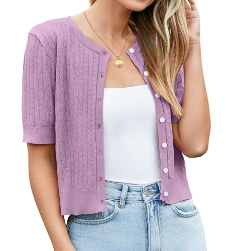 51SCZr3CqNL.jpg Womens Cropped Cardigan Sweaters 2025 Summer Lightweight Short Sleeve Bolero Shrug Hollow Out Button Down Tops