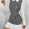 Women's Houndstooth Print Long Puff Sleeve Collared Pleated Button Front Mini Dress