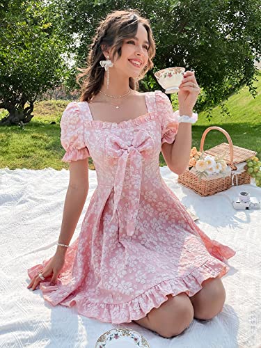 Women's Floral Print Square Neck Bow Front Puff Short Sleeve Ruffle Hem A Line Dress