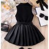 51Sj2bARP2L.jpg Toddler Girl's 2 Piece Outfits Button Collar Tank Top Pleated Pu Leather Aline Skirt Set