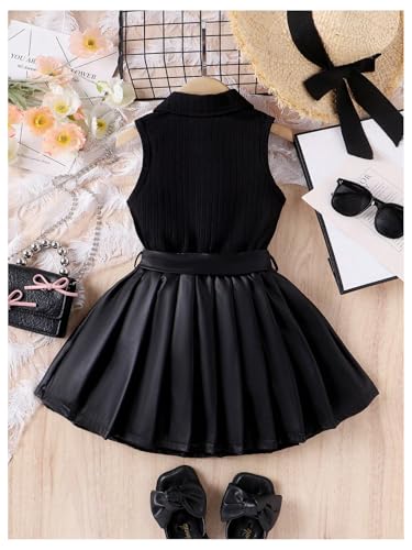 51Sj2bARP2L.jpg Toddler Girl's 2 Piece Outfits Button Collar Tank Top Pleated Pu Leather Aline Skirt Set