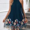 Women's Floral Embroidery Dress Halter Sleeveless A Line Flare Boho Dresses