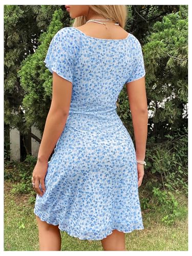Women's Vintage Floral Print Mini Dress Cap Sleeve Square Neck Short Dresses