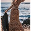 Women's Paisley Print Cut Out Fishtail Maxi Dress Long Sleeve V Neck Western Bodycon Dresses