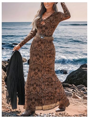 Women's Paisley Print Cut Out Fishtail Maxi Dress Long Sleeve V Neck Western Bodycon Dresses