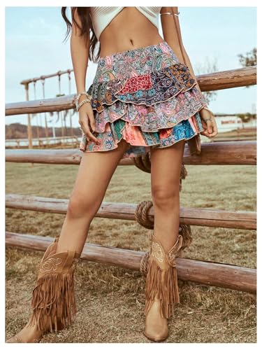Women's Paisley Print Tiered Layers Mini Cake Skirt Low Rise Vacation Bohemian Skirt
