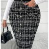 Women's Plus Size Plaid Skirt High Waisted Button Front Split Hem Knee Length Pencil Skirts