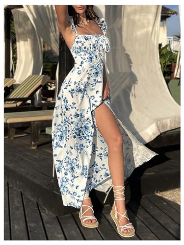 51WitQ10fL.jpg Women's Floral Print Ruched Square Neck Maxi Dress Tie Back High Slit Flared Dresses