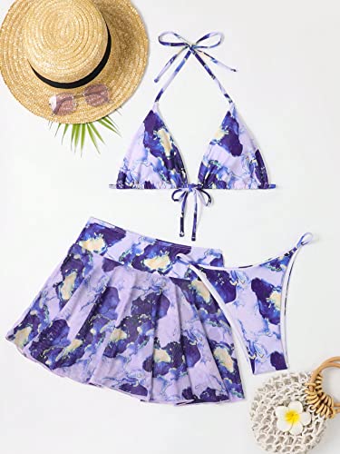 51XrD2DHRHL.jpg Women's 3 Piece Halter Triangle Bikini Marble Print Swimsuits and Coverup Skirt