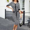 Women's Plus Size Houndstooth Button Front Round Neck Split Hem Bodycon Dress