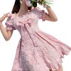 Women's Floral Print Square Neck Bow Front Puff Short Sleeve Ruffle Hem A Line Dress