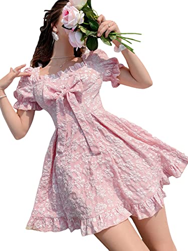Women's Floral Print Square Neck Bow Front Puff Short Sleeve Ruffle Hem A Line Dress