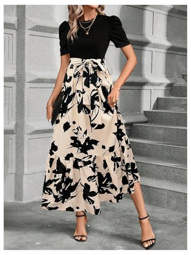 Women's Floral Print Color Block Maxi Dress Puff Sleeve Belted A Line Dresses