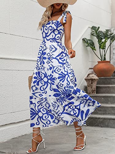 Women's Floral Print Flounce Square Neck Sleeveless Tie Shoulder Boho Cami Dress