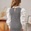 Girl's Houndstooth Long Puff Sleeve Fitted Mini Dress Vintage Cute Dress
