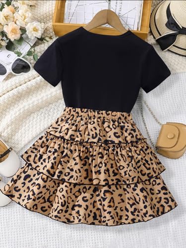 Girl's 2 Piece Set Graphic Short Sleeve Leopard Layered Ruffle A Line Skirt Outfits