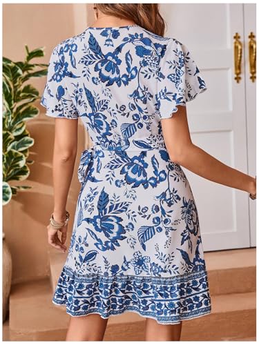 51c4oB052UL.jpg Women's Summer Casual Boho Floral Print Short Sleeve Wrap V Neck Ruffle Hem A Line Dress