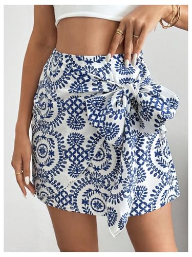 Women's Allover Print Knot Side High Waist Wrap Skirt Zipper Back Boho Mini Skirt