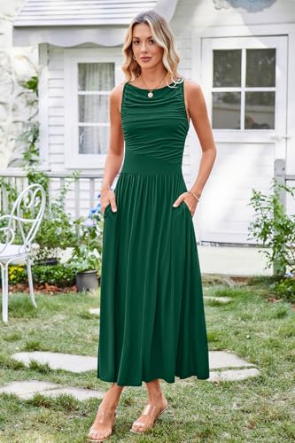 51cwSq2Ln1L.jpg Women 2025 Summer Maxi Dresses Vacation Ruched Boat Neck Tank Flowy Elegant Party Long Formal Dress Pockets